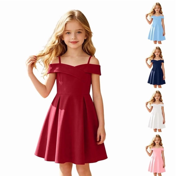 Rvusndi Flower Girl Dress Off Shoulder Dress Party Dress Solid Color A Line Summer Dresses Elegant Formal Evening Gown for Big Kids Wedding Graduation Dresses