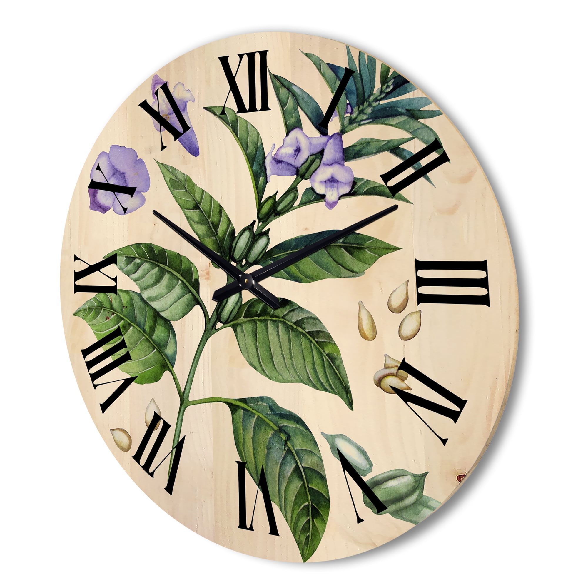 Designart 'Purple Sesame Flowers WIth Green Leaves On White' Traditional Wood Wall Clock