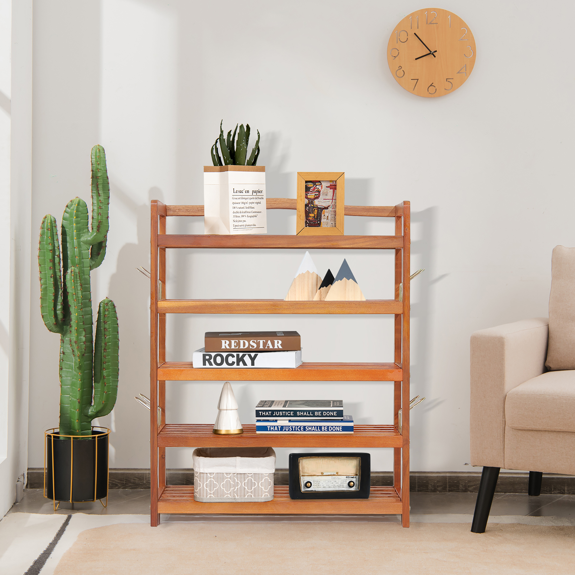 Costway 5-Tier Wood Shoe Rack Solid Acacia Wood Shoe Shelf with Side Metal Hooks