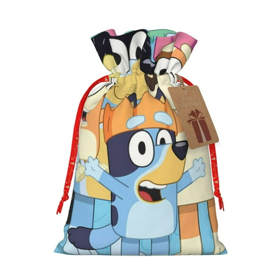 Masiiu Bluey Print Christmas Gift Bag, Burlap Drawstring Pouch with Kraft Paper Card for Holiday, Party, and Birthday Wrapping-Small