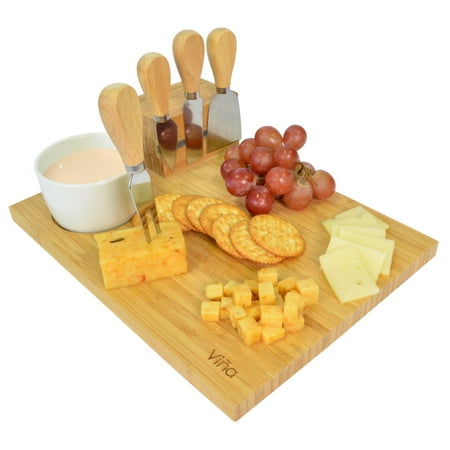 Vina Cheese Cutting Board Knife Set - Includes 4 Piece Cheese Knives and Porcelain Dish, Bamboo Cheese Cutlery Serving Tray, Great as Party Platter for Cheese (Best Cheese For Party Platter)