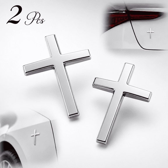 USTOP 2PCS Silver Metal Jesus Christ Cross Badge Stickers, 2.5"×1.8" Alloy 3D Individual Car Cross Sticker, Self Adhesive Scratch Covering Metal Cross Auto Emblem Decal for Car Body Fender Tail.