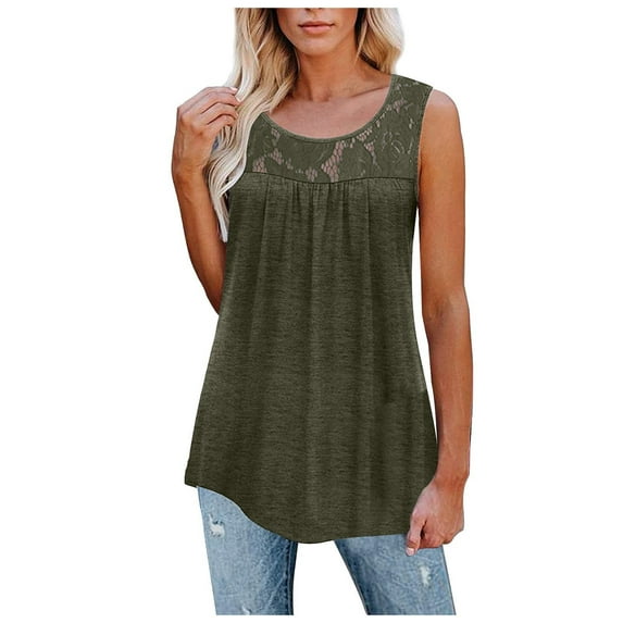 XFLWAM Women's Crochet Lace Tank Top Summer Sleeveless Crew Neck Pleated Loose Tunic Shirts Casual Lace Patchwork Vest Tops Green M