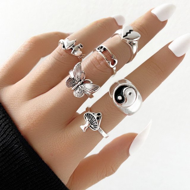 Vintage Hip Hop Punk dragón serpiente mariposa murciélago calavera Retro nudillo conjunto anillos mujeres gótico dedo anillo conjunto nueva joyería Tan Jianjun unisex