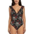 thumbnail image 2 of Yiaed Skull and Red Roses Print Women's Ruffled One Piece Swimsuit V Neck Swimwear Slimming Monokini for Woman-Large, 2 of 8