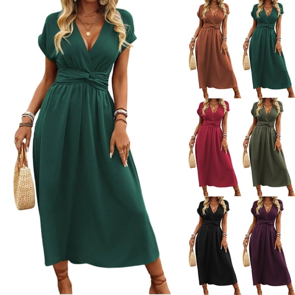 dgysar Women‘s Batwing Sleeve Maxi Dress, V-Neck with Smocked Waist, Elegant Floor-Length Gown for Wedding Guest & Formal Events Purple M