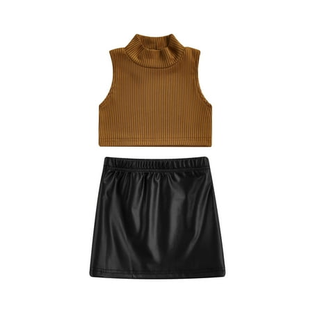

jaweiw 2PCS Toddler Girls Summer Outfits Set Sleeveless Ribbed Knit Tank Tops + Leather Skirt