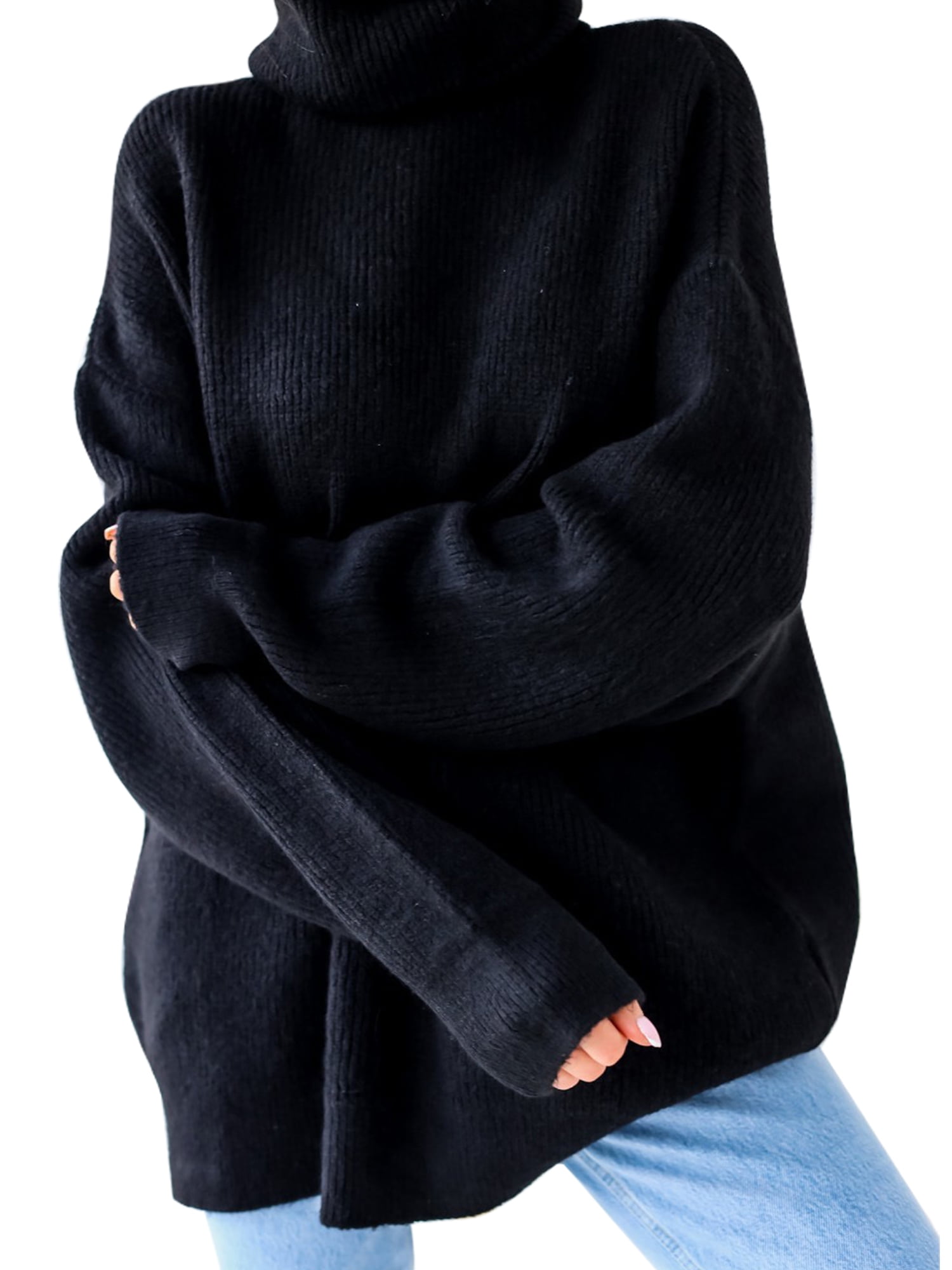 Capreze Solid Color Knitted Sweaters for Women Long Sleeve Jumper Tops High  Neck Sweater Basic Pullover Black XL - Walmart.com