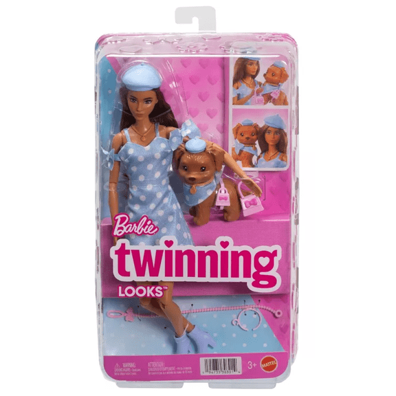 Barbie Twinning Looks Doll Puppy Set in Blue Polka Dot Outfit Toy New With Tag