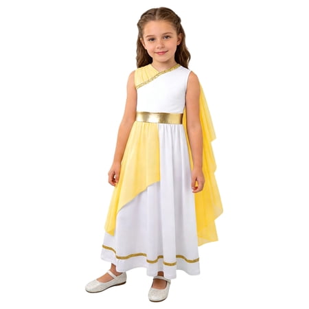 Aiihoo Greek Toga Robe for Girls Ancient Greece Sleeveless Gown Dress Princess Pretend Athena Outfits Yellow 16