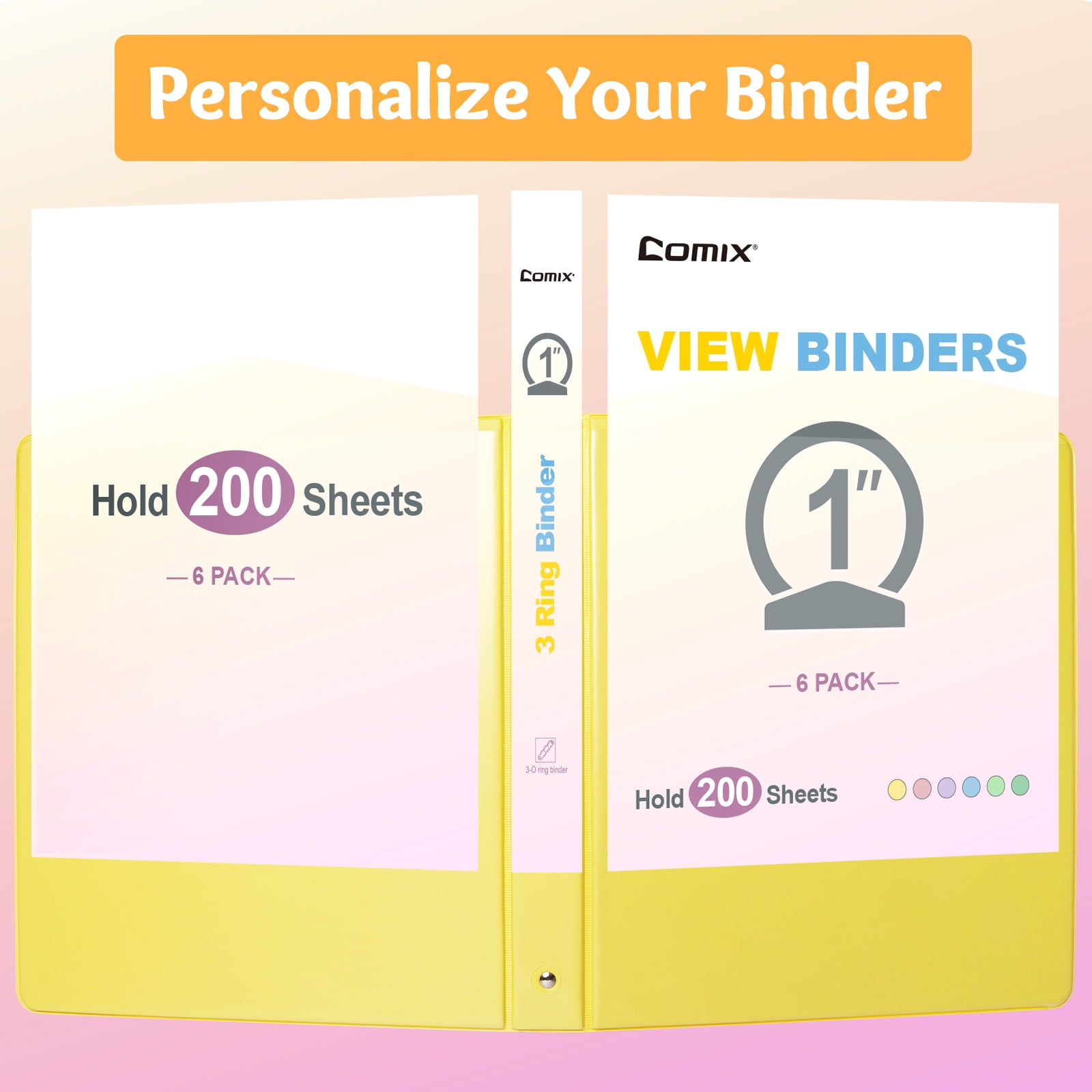 Comix 1 inch 3 ring Binder 6 Pack, Round Ring, 200 Sheets Capacity Pastel Color Assorted For Office School Home