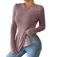 thumbnail image 2 of ClodeEU Womens Striped Long Sleeve Shirt ,Round Neck Side Slit Hem Slim Fit Knit Tops Wine,Womens Plus L, 2 of 8