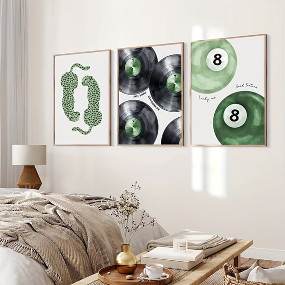 Set of 3 Unframed Green Cheetah Lucky Pool Ball Poster Vinyl Record Trendy Wall Art Canvas Print Leopard Music Minimalist Dopamine Aesthetic Decor Funky Painting for Dorm,Living Room,Bedroom,Modern