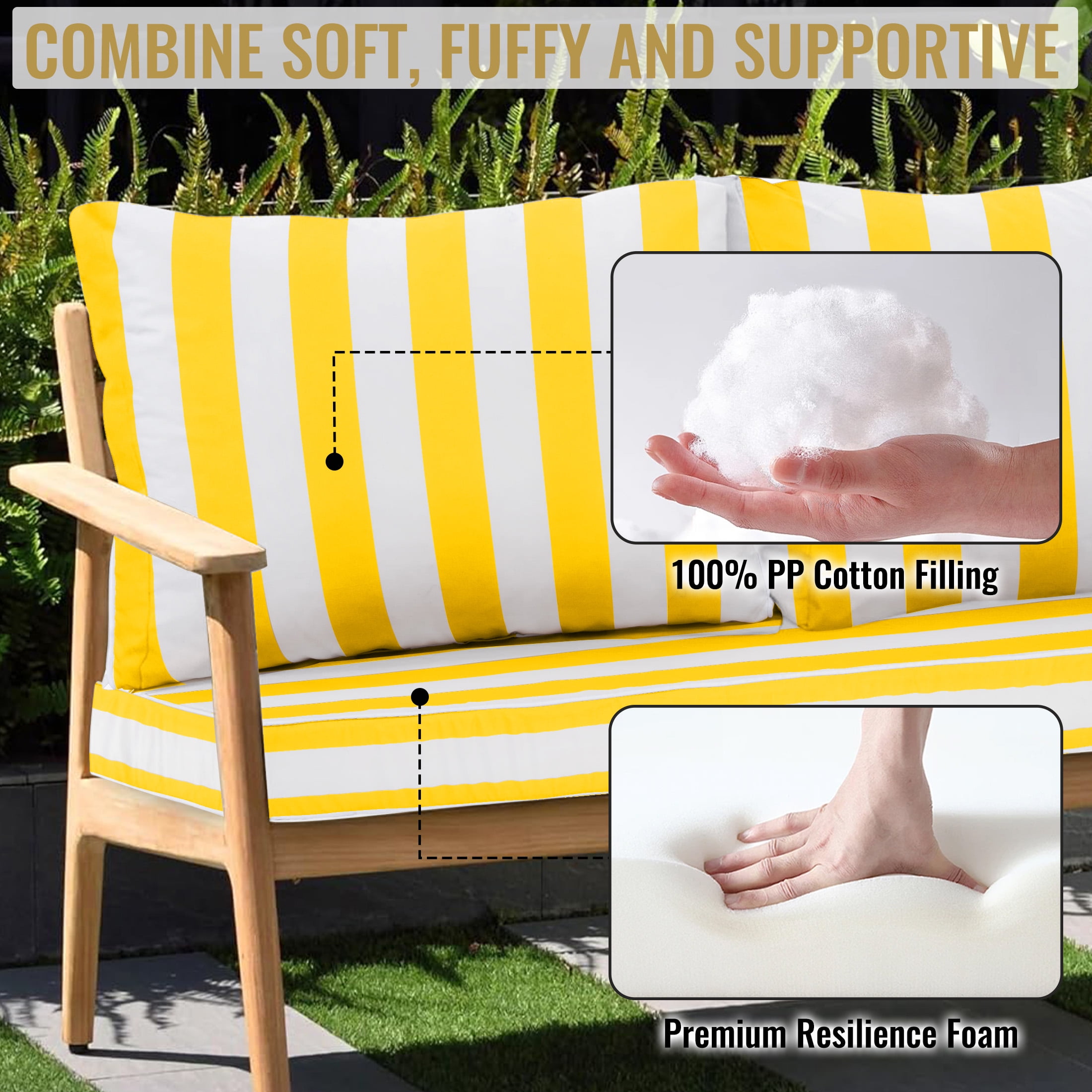 Geemuslly 48 x 24 Outdoor Loveseat Cushion Set, Waterproof & Fade-Resistant Patio Replacement Cushions for Sofa, Bench, or Swing – Thick Seat & Backrest Support,Bright Yellow & White Stripes