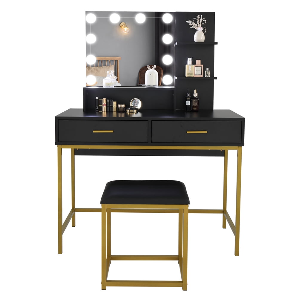 Private Jungle Large Vanity Set with 10 LED Bulbs, Makeup Table with Cushioned Stool, 3 Storage Shelves 2 Drawers, Dressing Table Dresser Desk for Women, Girls, Bedroom,Black Private Jungle Large Vanity Set with 10 LED Bulbs, Makeup Table with Cushioned Stool, 3 Storage Shelves 2 Drawers, Dressing Table Dresser Desk for Women, Girls, Bedroom,Black