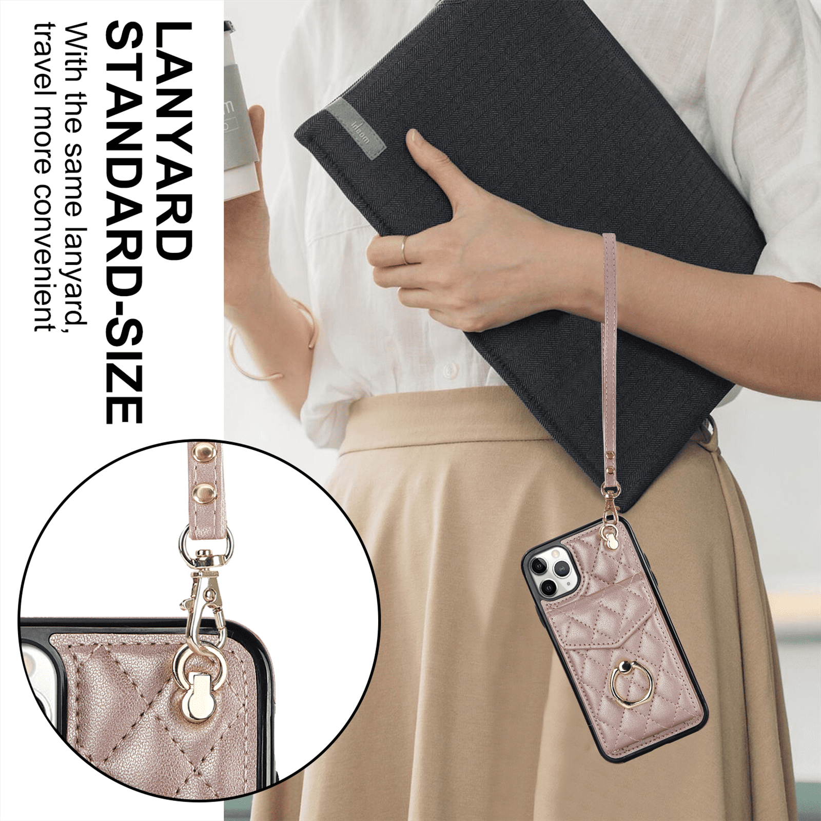 Asuwish Wallet RFID Blocking PU Leather Cell Phone Case with Tempered Glass Screen Protector, Wrist Strap for iPhone 11 Pro, Rose Gold