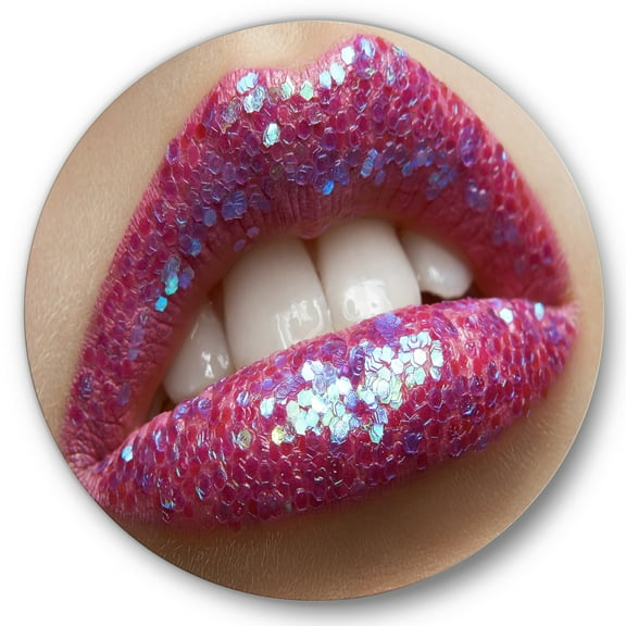 Designart 'Girl Lips Pink Lipstick and Sequins' Modern Circle Metal Wall Art 36x36 - Disc of 36