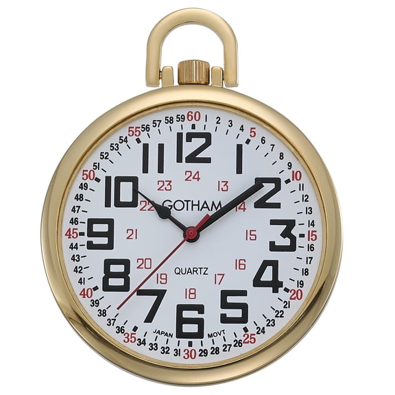 Gotham Men's Gold Plated Slim Railroad 24 Hour Open Face Quartz Pocket Watch # GWC15029G