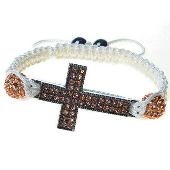 Silver-Tone Cross Rose Gold CZ Adjustable Macrame Bracelet