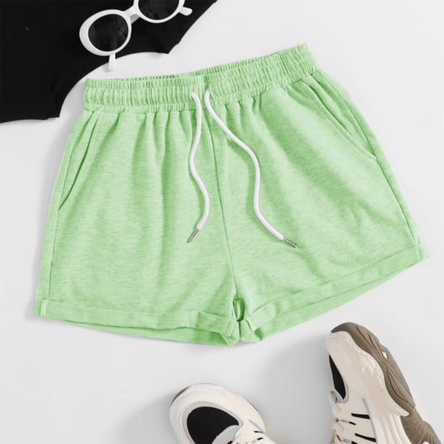LOVZFMLL Women's Solid Casual Loose Pockets Lacing Drawstring Short Pants Mint Green L