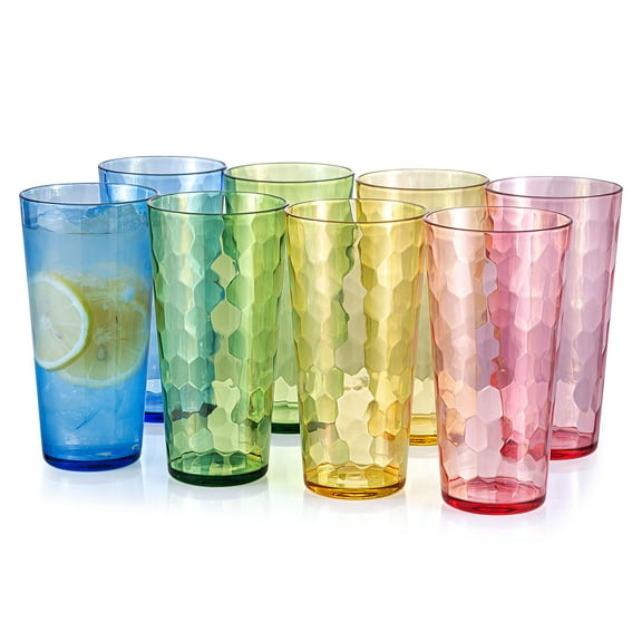 KX-Ware Hammered 26-Ounce Plastic Tumbler Acrylic Highball Drinking Glasses,  Set of 8 Mutlicolor