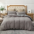 thumbnail image 2 of PURE ERA Soft Reversible Jersey Knit Duvet Cover Set 100% Cotton Stretchy Neutral Style (Dark Grey & Pink Widestripe, Queen), 2 of 6