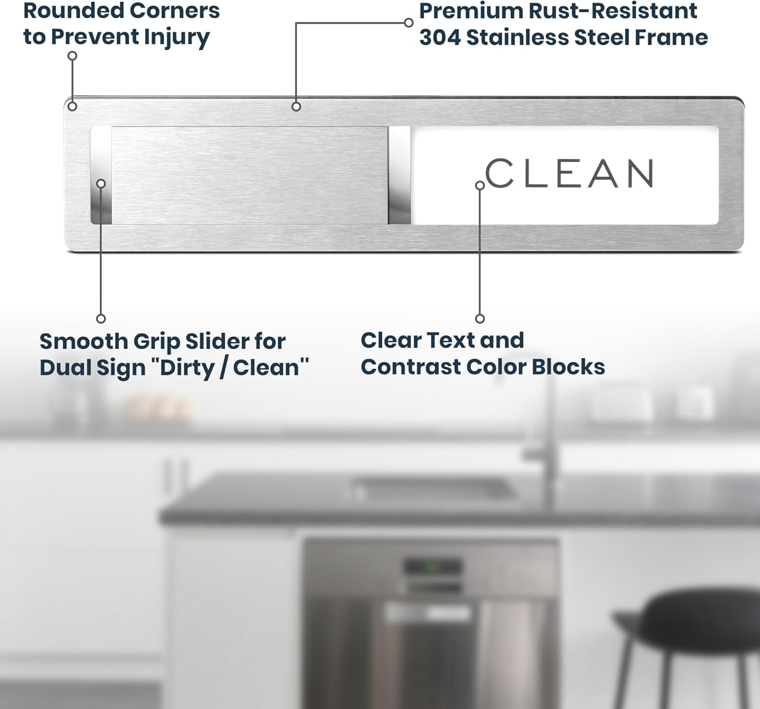 Dishwasher Clean Dirty Sign-Stainless Steel Clean Dirty Magnet for Dishwasher Sign,Modern Kitchen Decor, Extra Adhesive Tapes Included