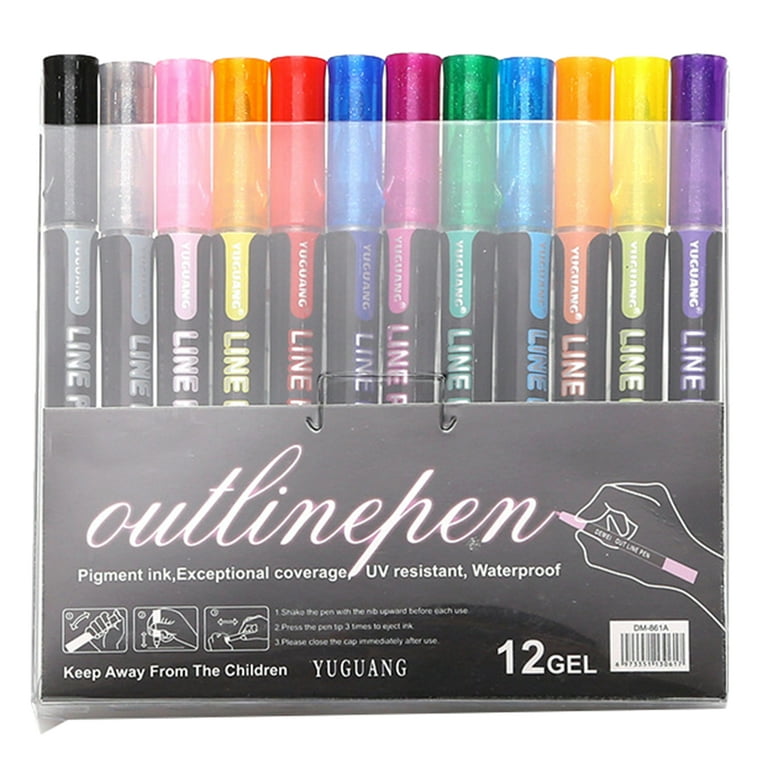 8/12/24Pcs Paint Pen Fluorescent DIY Craft Fade Resistant Outline Double Line Pen Flash Marker School Supplies Black Pl, Size: 13.5