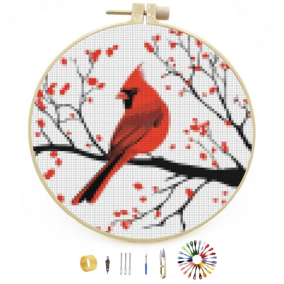 DIY Stamped Cross Stitch Kits Red Cardinal on Tree Branch Easy for Beginners with Hoop 11CT Counted Embroidery Needlepoint Crafts Arts for Handmade Enthusiasts and Home Decor 30x30cm(2)