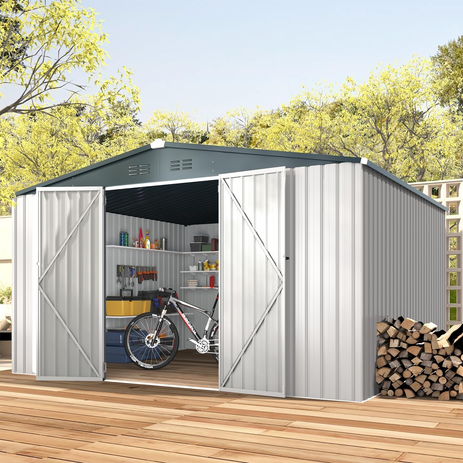 AECOJOY 12' x 10' Outdoor Storage Shed with Lockable Door Patio Metal Garden Storage Building in White for Outside