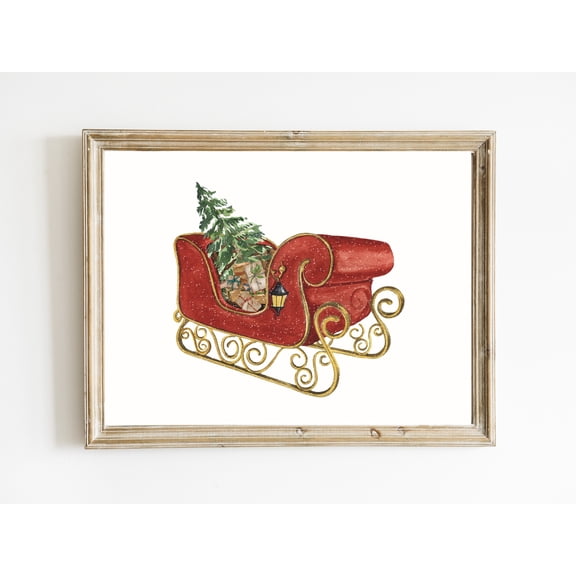 YaHaku Red Sleigh Poster | Watercolor Santa's Sleigh Wall Art | Christmas Wall Art | Red Christmas Decorations | Holiday Decor vintage