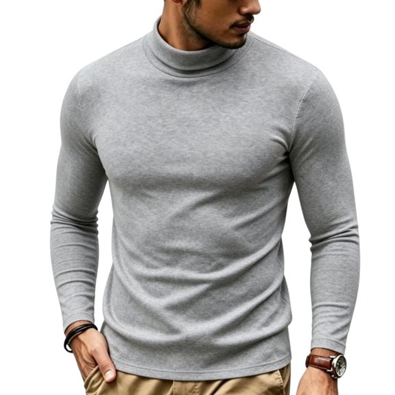 Fabrcox Light Gray Turtleneck Tops for Men Long Sleeve Slim Fit Thermal Mens Undershirts Fleece Fuzzy Basic Casual Fall Winter Warm Comfy Mens Pullover L