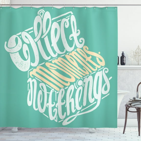 Saying Shower Curtain, Typography in a Shape of a Treasure Box in Pastel Colors, Fabric Bathroom Set with Hooks, 69W X 70L Inches, Pale Teal Pale Peach, by Ambesonne