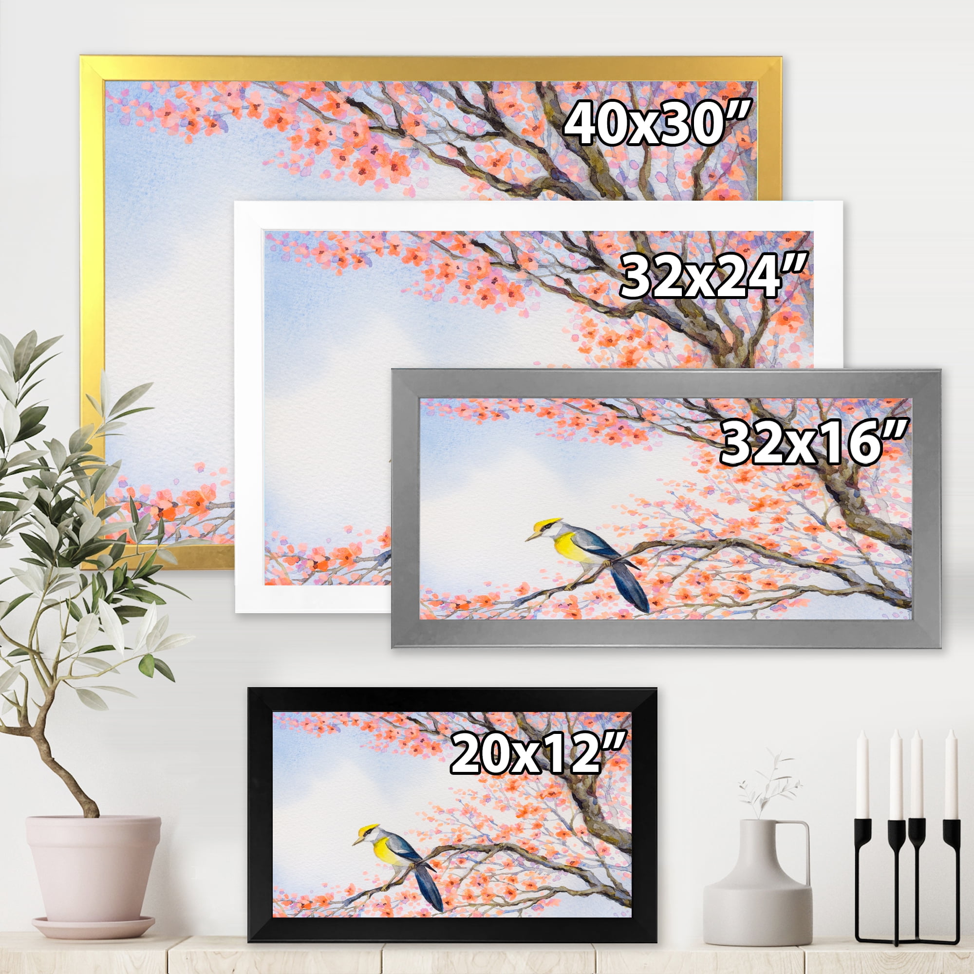 Beautiful Blue Bird Sitting On Flowering Branch I 40 in x 30 in Framed Painting Canvas Art Print, by Designart