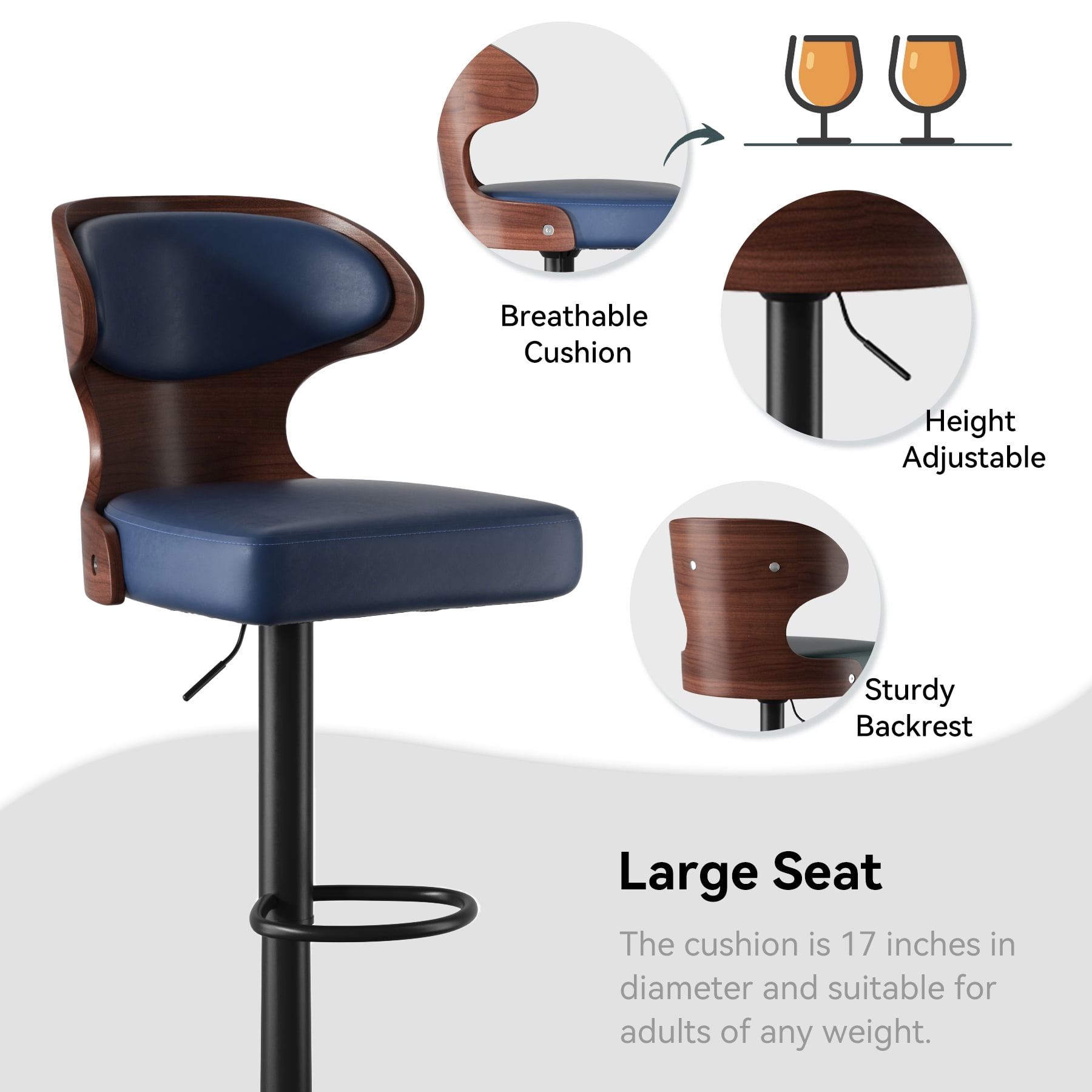 MOONMISS Swivel Bar Stools Set of 2, Wooden Kitchen Bar Chairs with Back, PU Leather Counter Height Barstools for Kitchen Island,