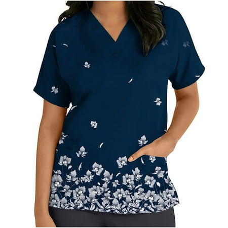 

Working Uniform for Women Colorful Floral Print Scrub_Top T Shirt Short Sleeve V-Neck Tee Blouse Top Comfy Easy to Clean Nursing Workwear with Pockets