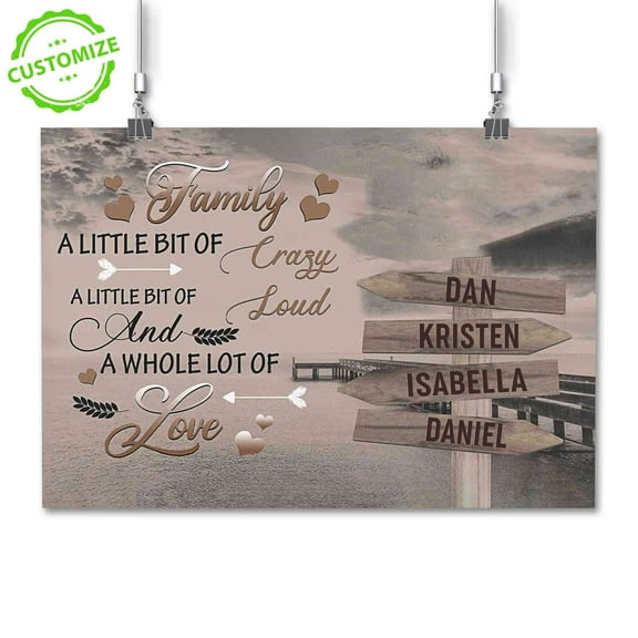 Customizaholic Family Personalized Canvas Wall Art, A Little Bit of Crazy Loud and a Whole Lot of Love Sign, Rustic Lake Dock Print, Custom Name Gift