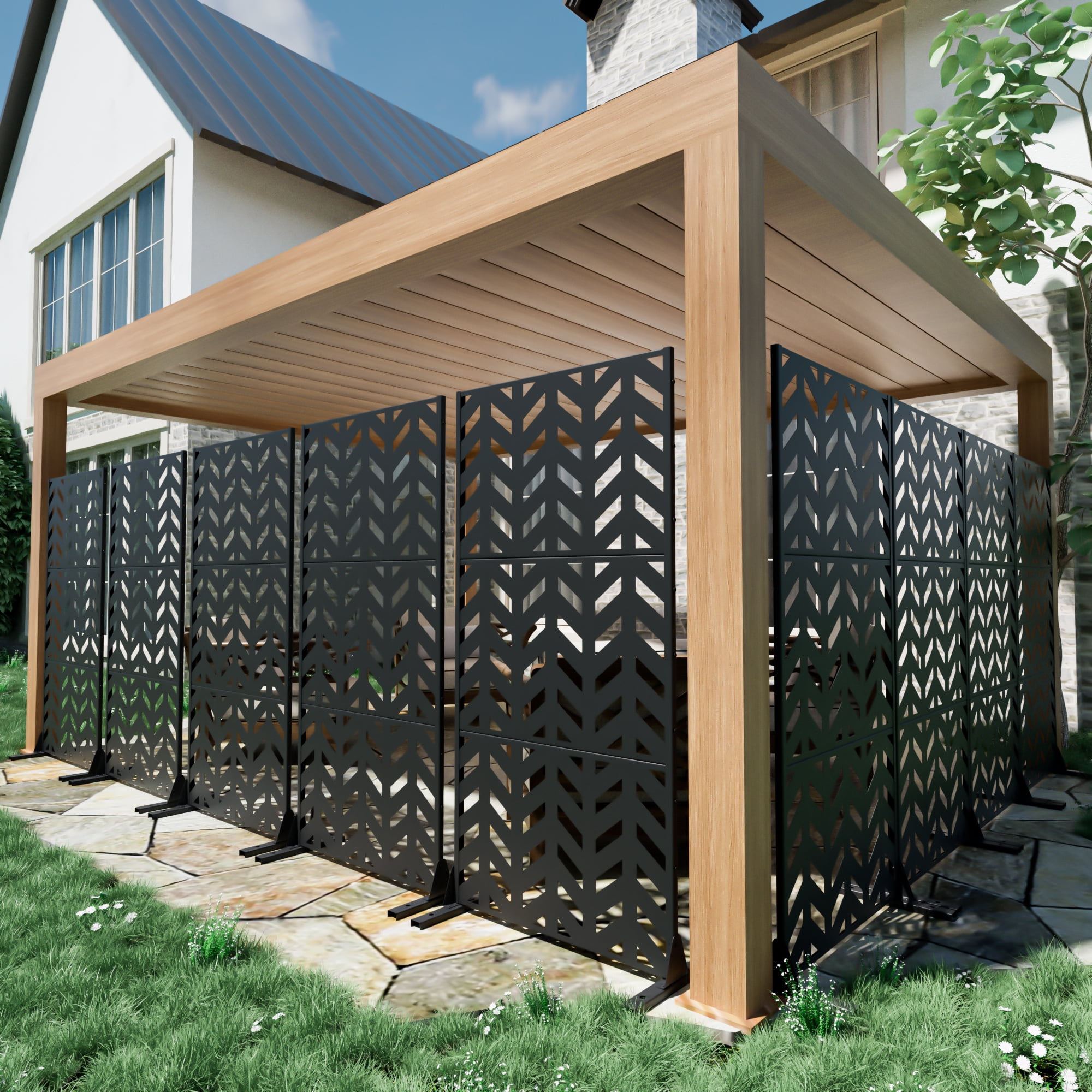 MAYEERTY 72×35" Outdoor Black Metal Privacy Panel Screen for Backyard & Garden, Fishbone Pattern