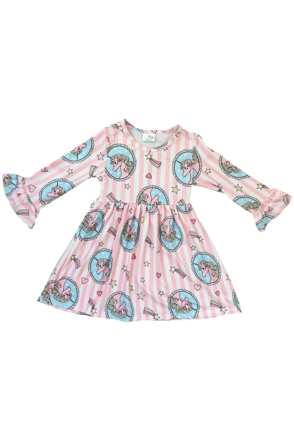 Little Girl Kids Long Sleeve Unicorn Stripe Print Flower Girl Dress Pink 2T XS 501216 BNY Corner