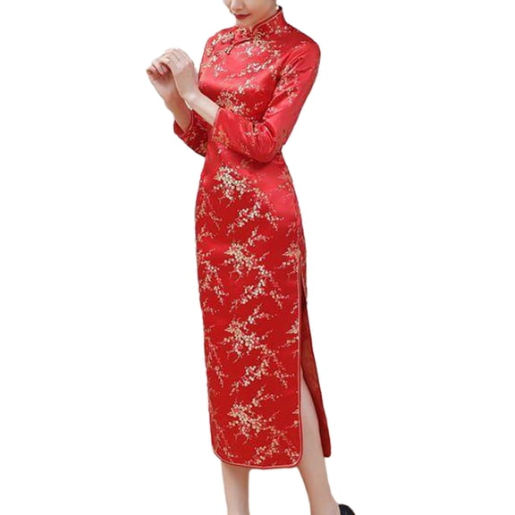Quixlent Women Classic Chinese Dress Chinese Style Vintage Flower Print Stand Collar Long Sleeve Side Split Ankle Length Maxi Dress Qipao Cheongsam