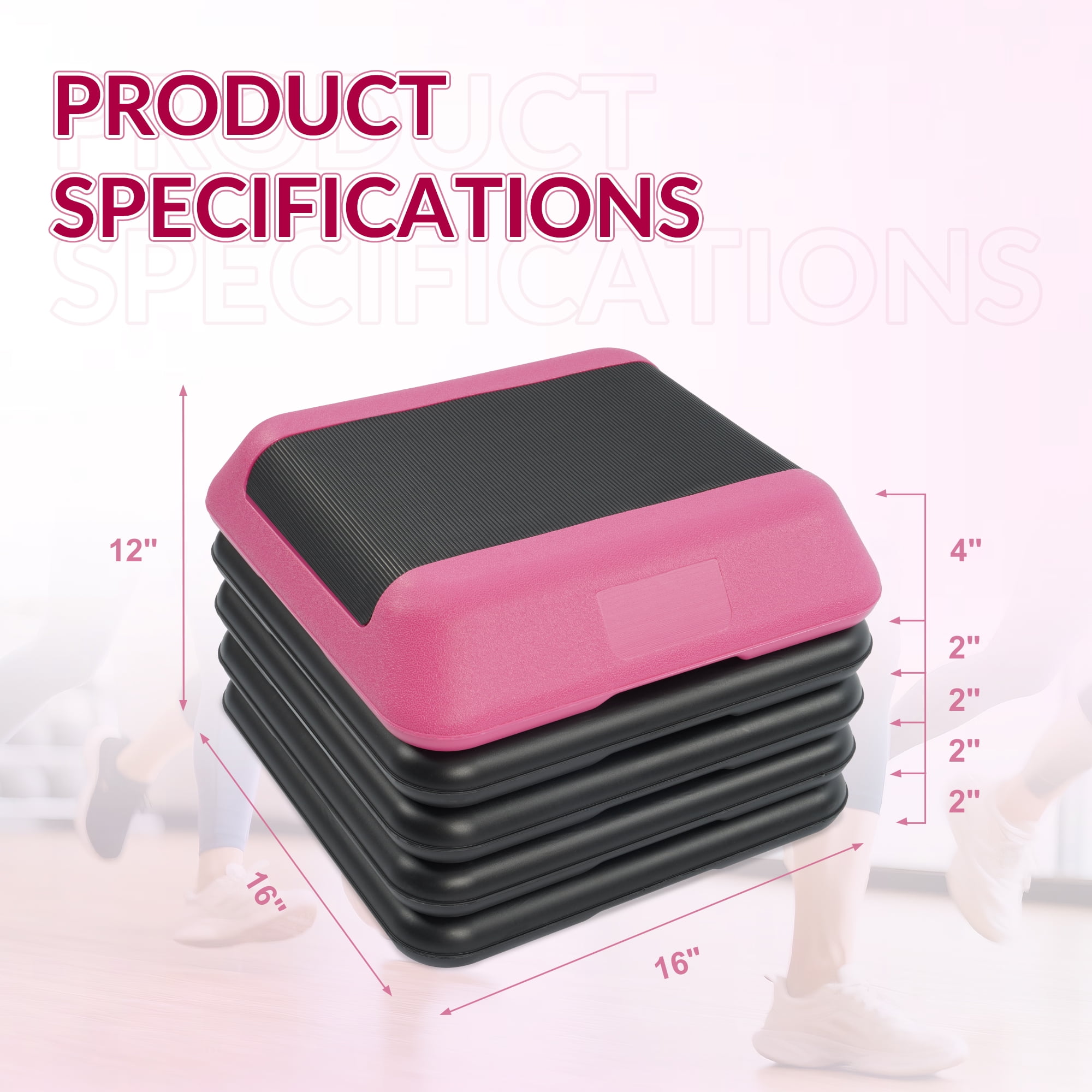 Signature Fitness Adjustable Aerobic Step Platform with 4 Risers, Non-Slip Stepper for Home Gym Workouts – 16", 28", 43", Pink/Blue/Gray