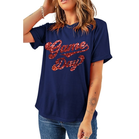 Women's Blue Glittering Game Day Graphic Cuffed Sleeve Crew Neck T-Shirt - [ZhiHiMeRi] | (US 20-22)2XL