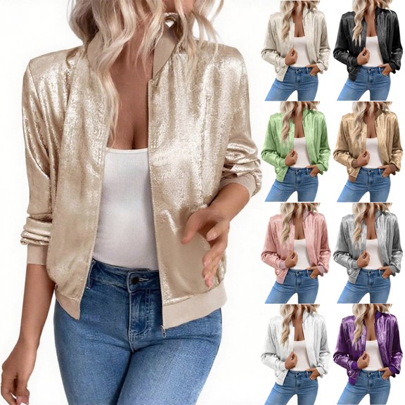 Admvng Women's Metallic Shiny Bomber Jacket Stand Collar Long Sleeve Lightweight Party Club Short Glitter Outerwear