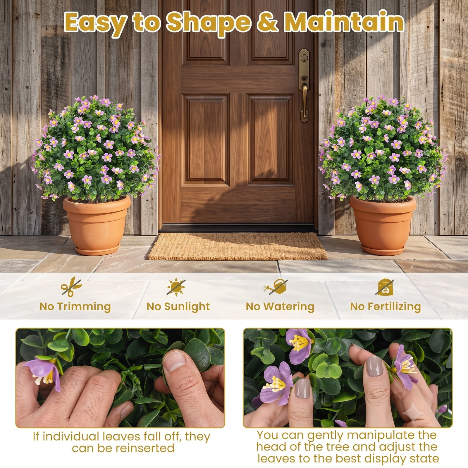 ALPULON 2 Pack Artificial Boxwood Topiary Ball Trees, 21.5 Inch Faux Shrub Bushes with Purple Flowers, Cement-Filled Base Fake Potted Plants for Front Porch, Purple