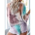 thumbnail image 4 of Conjunto de pijama de 2 piezas con estampado tie dye y volantes cortos para mujer, conjunto de top y pantalones cortos de manga larga, 4 of 5