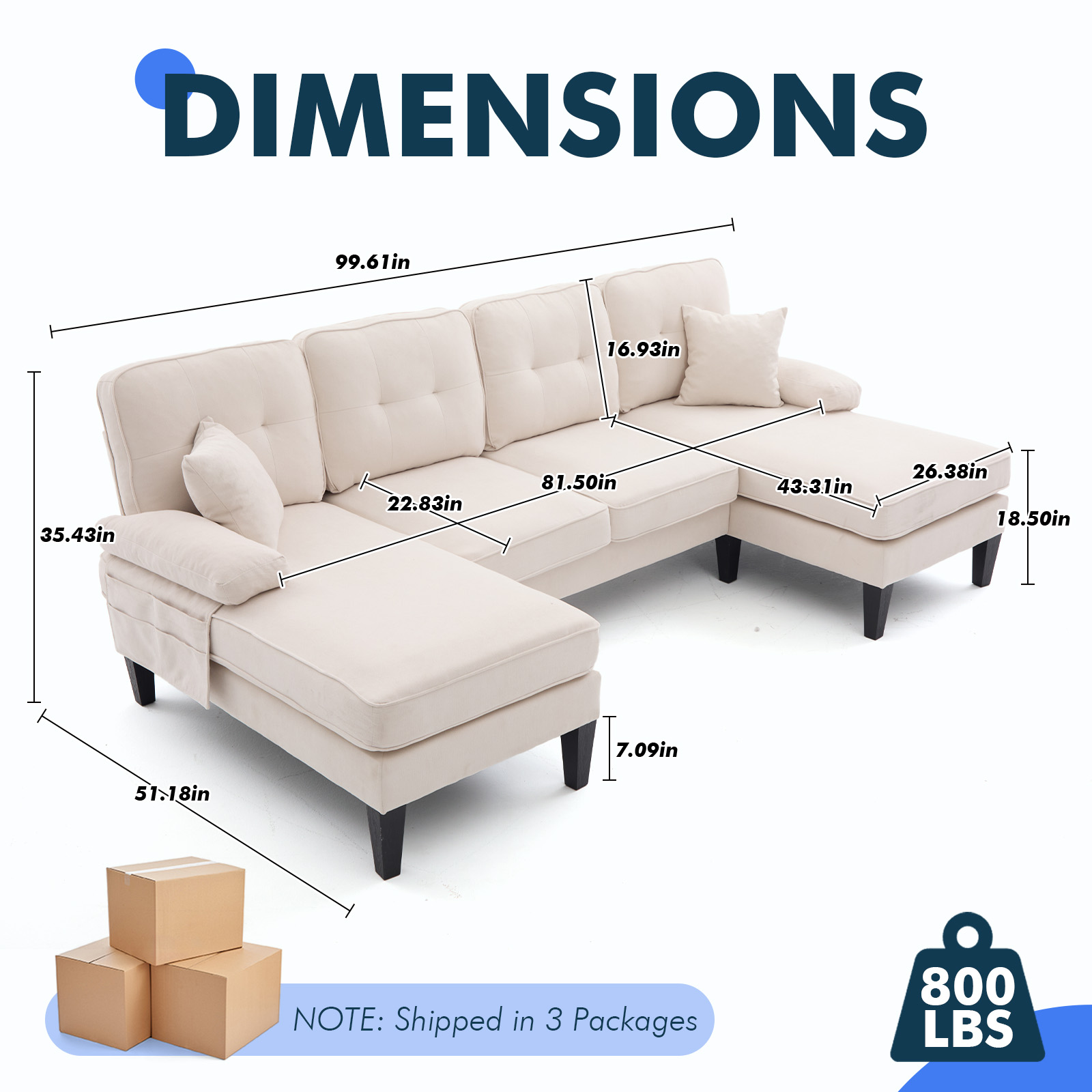 MOONMISS U-Shaped Sectional Sofa, 4 Seater Sectional Couch with Chaise, Modular Sleeper Sectionals for Living Room-Beige