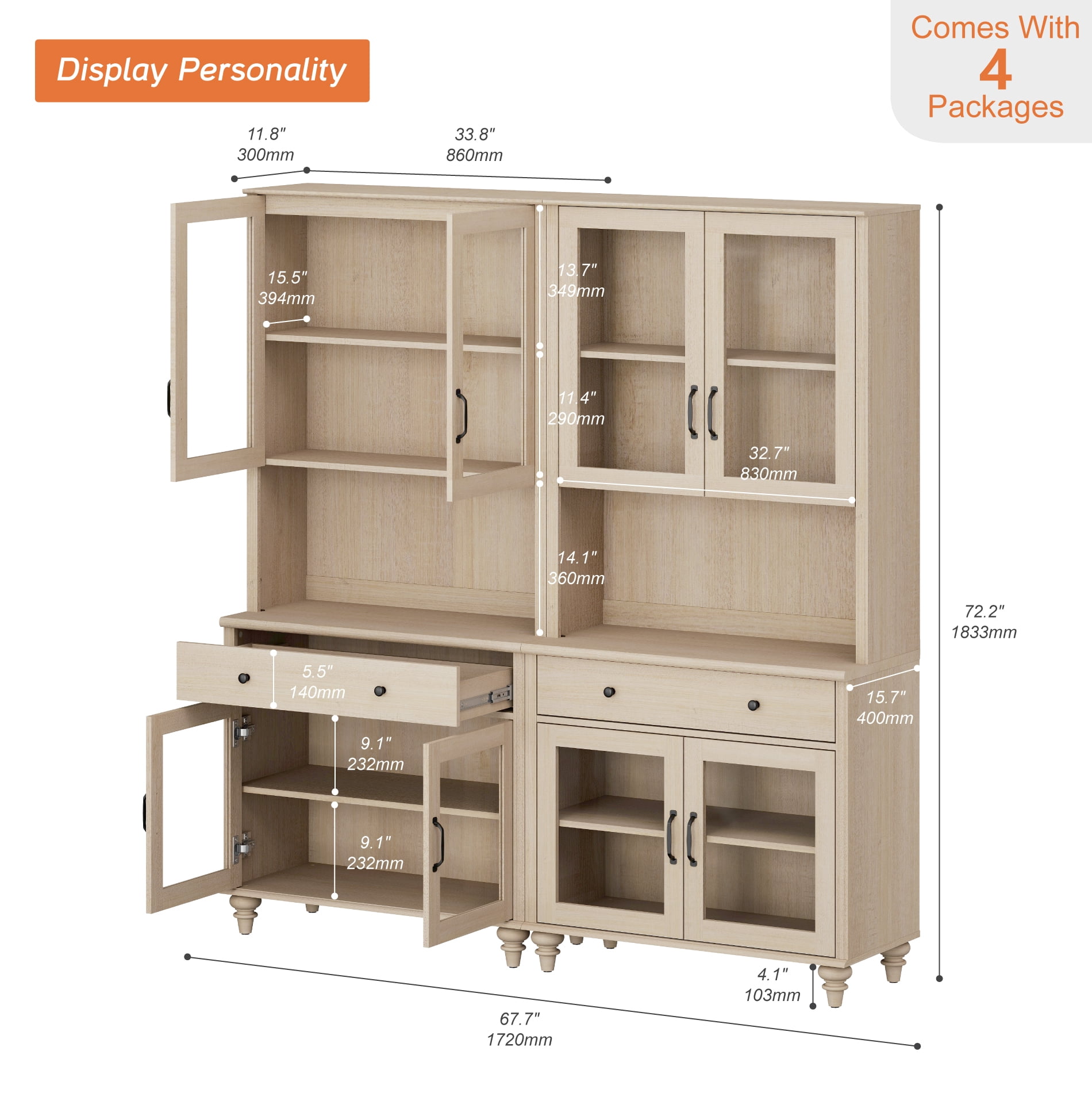 72.1"H × 67.7"W Bookcase with Glass Doors and Drawer, Large Farmhouse Bookcase with Bar Hutch, Suitable for Living Room, Bedroom, Home Office & Kitchen, Beige