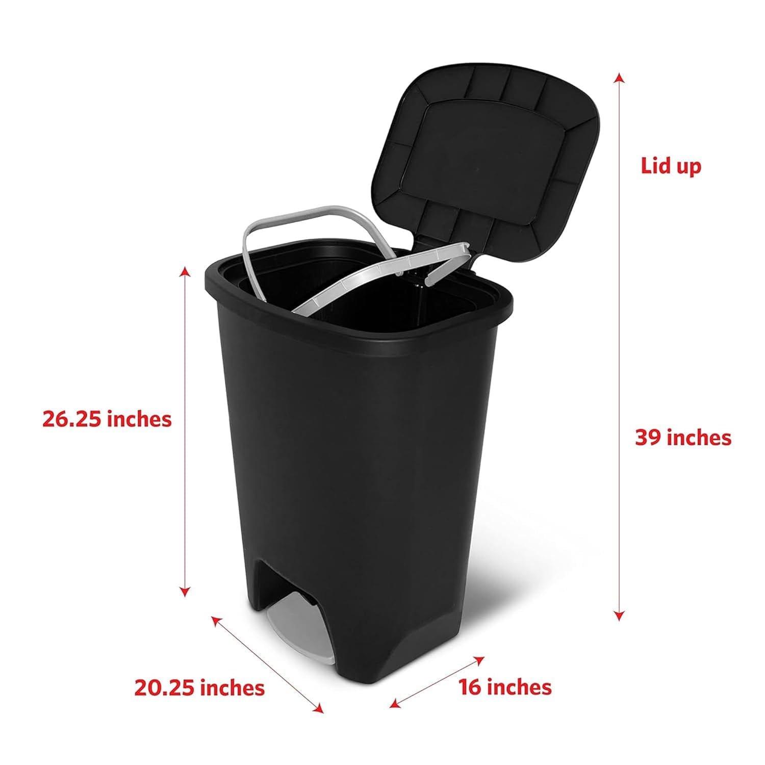 Librala 20 Gallon Trash Can - Plastic Kitchen Waste Bin with Odor Protection of Lid - Hands Free with Step On Foot Pedal and Garbage Bag Rings, Black
