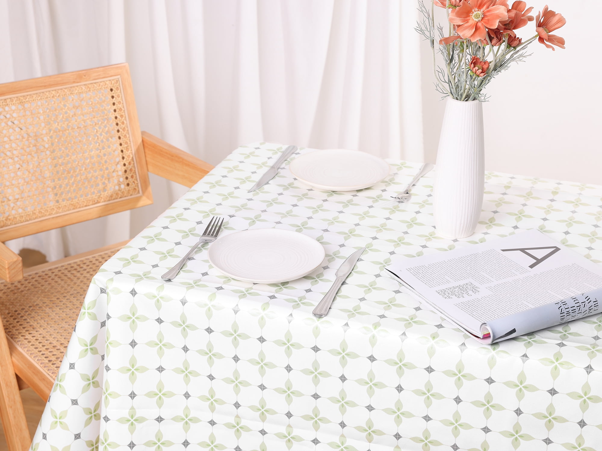 Unique Bargains Rectangle Floral Tablecloth Faux PU Table Cover with Tassels Leaf 55"x55"