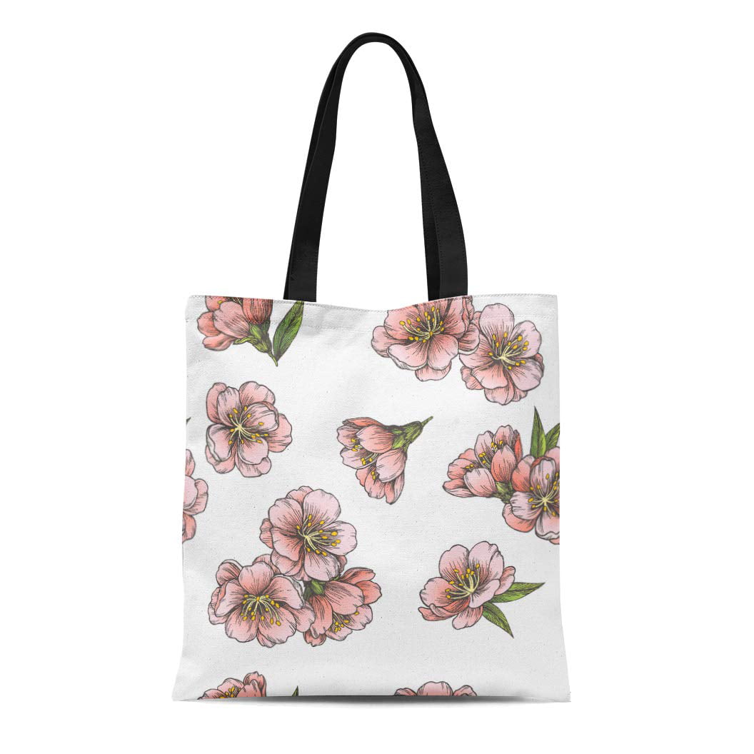 SIDONKU Canvas Tote Bag Tree Cherry Blossom Sakura Flowers Pink on Branch  Flat Reusable Shoulder Grocery Shopping Bags Handbag